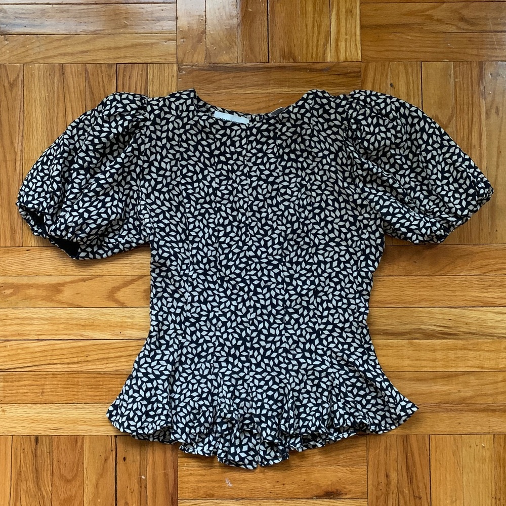 VTG Nipon Boutique Blouson Puff Sleeve Silk Diamond Patterned Peplum Top Sz 4
